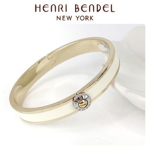Henri Bendel White Enamel & Silver Rivet Hinged Bangle Bracelet